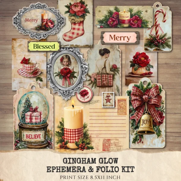 Gingham Glow Ephemera & Folio Kit – Plaid Holiday, Christmas, Floral Printables, Magical, Festive Art, Xmas Tags, kits, Digital Download