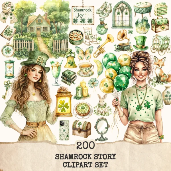 Shamrock Story Clipart Set – St Patricks Day Illustrations, Lucky Clover Graphics, Cottagecore, Leprechaun PNG, Digital download
