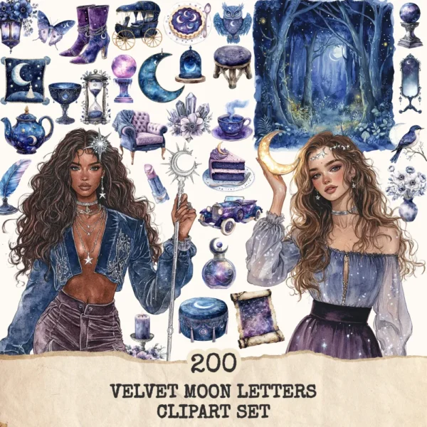 Velvet Moon Letters Clipart Set – Celestial Mystical Illustrations, Floral Moon Graphics, Ethereal Women, Moonlight PNG, Digital download