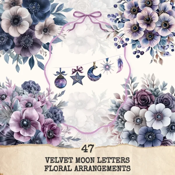 Velvet Moon Letters Floral Arrangements, Anemone Floral PNG, Anemone Bouquet, Magical Flowers, Ornaments, Flower Art, Digital download