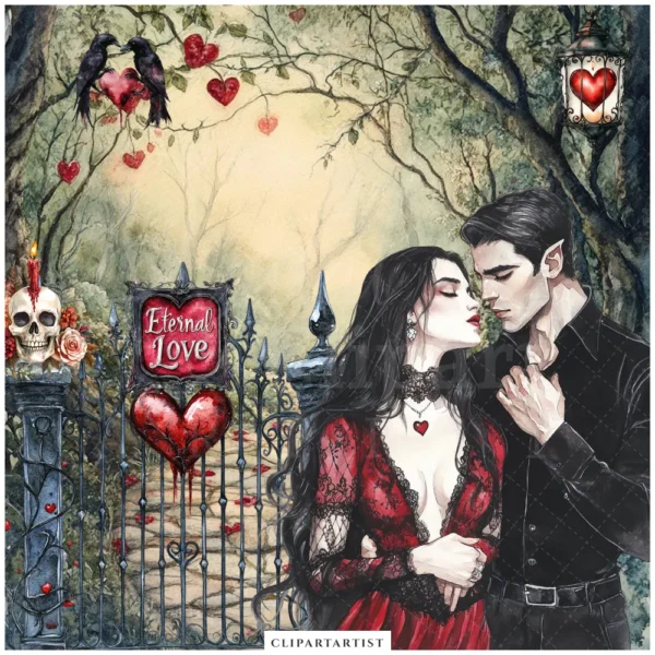 Vampire Valentine Bite Clipart Set – Dark Romance Illustrations, Gothic Haunted Graphics, Victorian, Florals, Academia PNG, Digital download