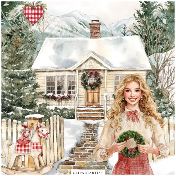 Gingham Glow Clipart Set – Plaid Holiday Illustrations, Festive Floral Graphics, Cozy Winter Christmas, Santa PNG, Digital download