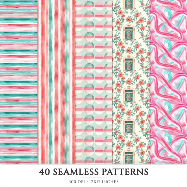 American Neon Diner Seamless Patterns, 50's Diner JPEG, Jukebox Infinite Pattern, Nostalgic Dining Repeating Pattern, Digital Scrapbook Paper