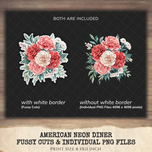 American Neon Diner Floral Arrangements, Carnation Floral PNG, Carnation Bouquet, Flowers, Decor, Ornaments, Flower Art, Digital download