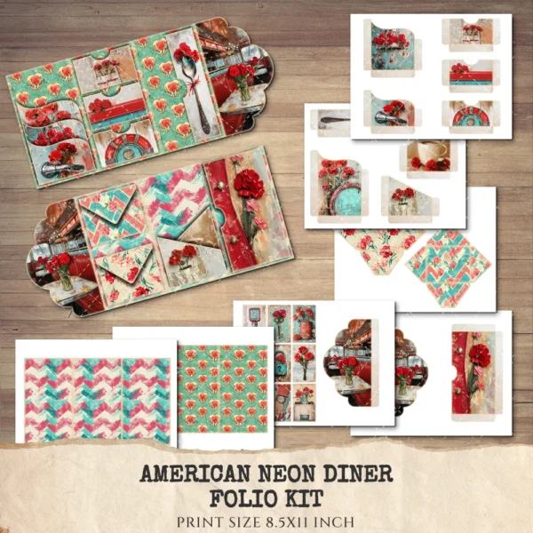 American Neon Diner Ephemera & Folio Kit – 1950s, Fast Food, Retro Restaurant Printables, Waitress Scrapbook, Tags, kits, Digital Download