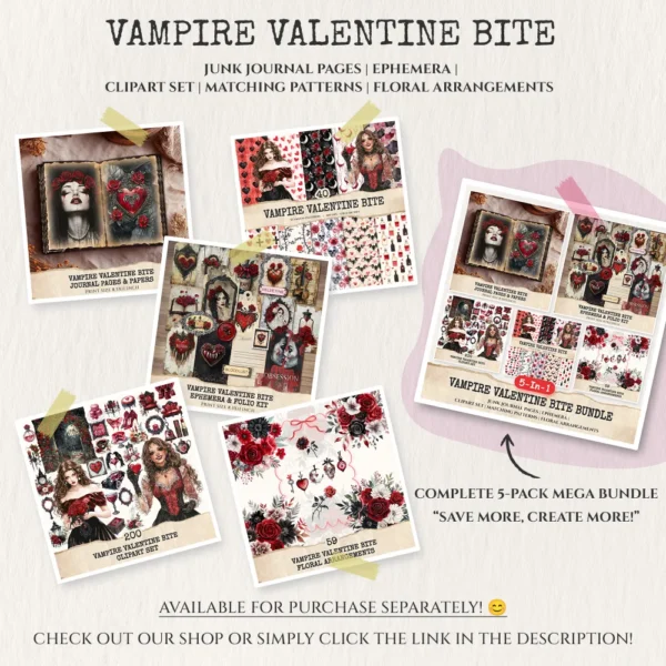 Vampire Valentine Bite Clipart Set – Dark Romance Illustrations, Gothic Haunted Graphics, Victorian, Florals, Academia PNG, Digital download