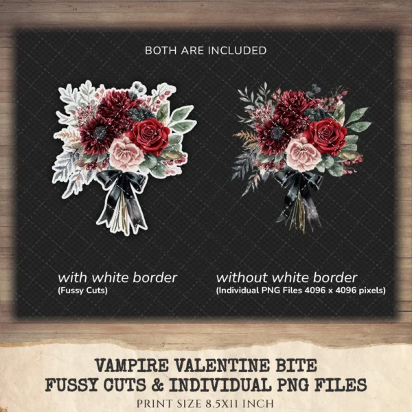 Vampire Valentine Bite Floral Arrangements, Rose Floral PNG, Rose Bouquet, Gothic Flower Art, Valentine Decor, Ornaments, Digital download