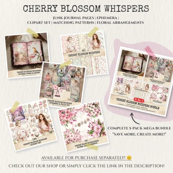 Cherry Blossom Whispers Clipart Set – Japanese Sakura Illustrations, Springtime Graphics, Pink Floral, Floral Women, Digital download
