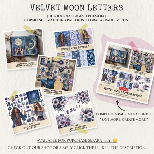 Velvet Moon Letters Clipart Set – Celestial Mystical Illustrations, Floral Moon Graphics, Ethereal Women, Moonlight PNG, Digital download