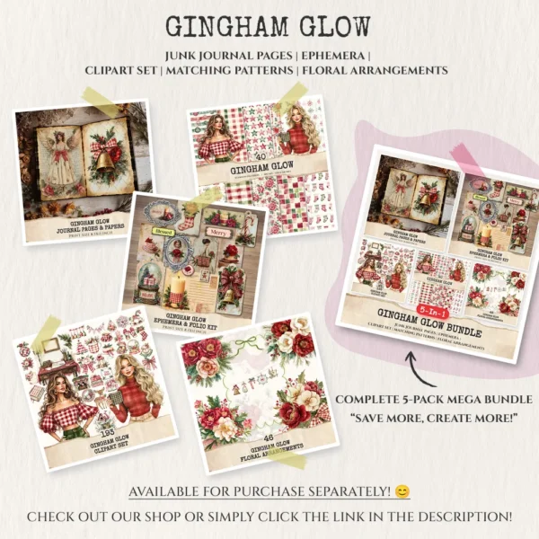 Gingham Glow Clipart Set – Plaid Holiday Illustrations, Festive Floral Graphics, Cozy Winter Christmas, Santa PNG, Digital download