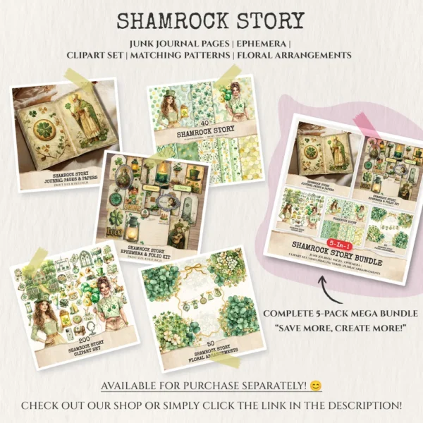 Shamrock Story Clipart Set – St Patricks Day Illustrations, Lucky Clover Graphics, Cottagecore, Leprechaun PNG, Digital download