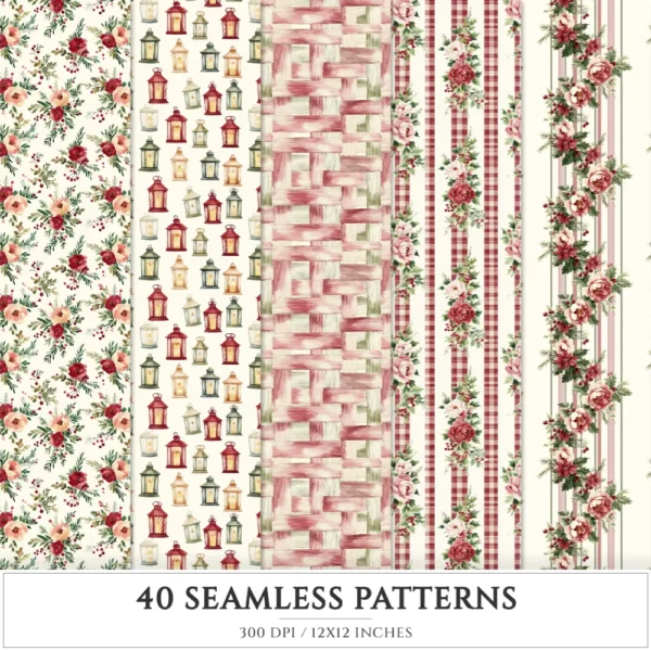 Gingham Glow Seamless Patterns, Plaid Stripes JPEG, Bows Infinite Pattern, Classic, Floral Repeating Pattern, Digital Scrapbook Paper