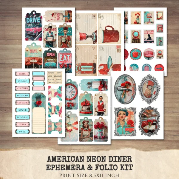 American Neon Diner Ephemera & Folio Kit – 1950s, Fast Food, Retro Restaurant Printables, Waitress Scrapbook, Tags, kits, Digital Download