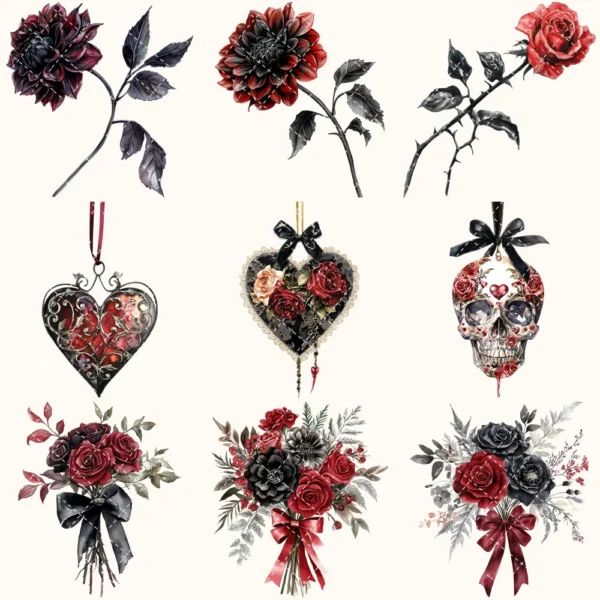 Vampire Valentine Bite Floral Arrangements, Rose Floral PNG, Rose Bouquet, Gothic Flower Art, Valentine Decor, Ornaments, Digital download