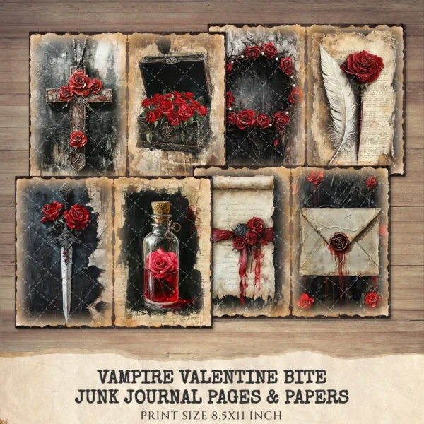 Vampire Valentine Bite Junk Journal Pages & Papers – Victorian, Dark Romance Printable, Gothic Haunted Scrapbook, Florals, Digital Download