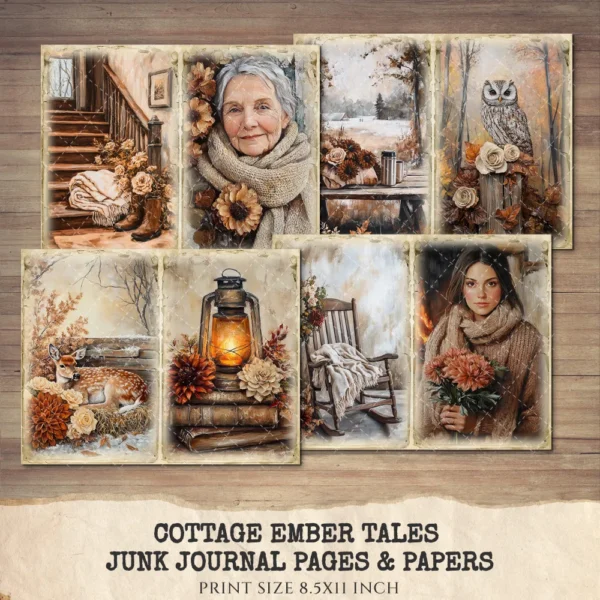 Cottage Ember Tales Junk Journal Pages & Papers – Cozy Winter Printable, Book Lover Scrapbook, Vintage, Florals,Cottagecore,Digital Download