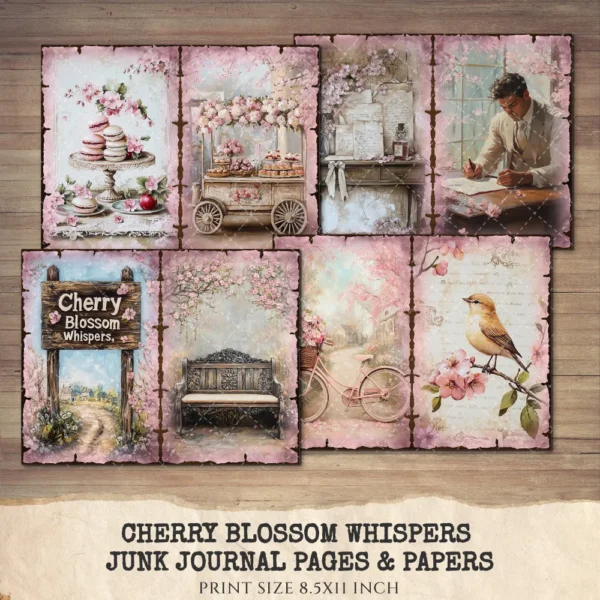 Cherry Blossom Whispers Junk Journal Pages & Papers – Sakura, Soft Spring Floral Printable, Romantic Botanical Scrapbook, Digital Download