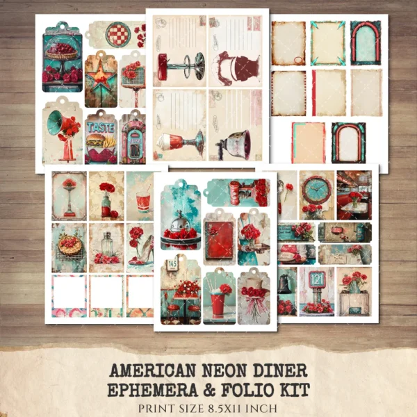 American Neon Diner Ephemera & Folio Kit – 1950s, Fast Food, Retro Restaurant Printables, Waitress Scrapbook, Tags, kits, Digital Download