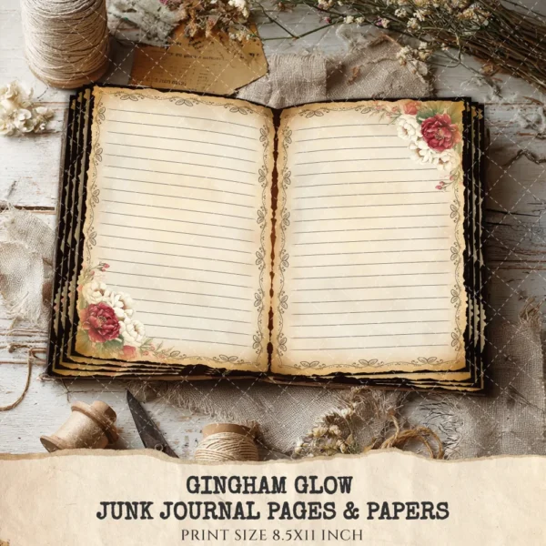 Gingham Glow Junk Journal Pages & Papers – Floral Christmas, Holiday Printable, Gingham Berries Scrapbook, Vintage, Xmas, Digital Download