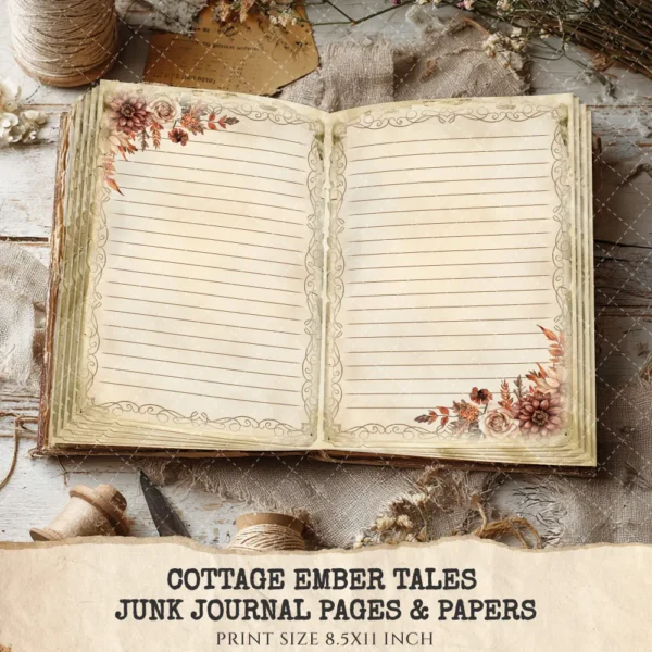 Cottage Ember Tales Junk Journal Pages & Papers – Cozy Winter Printable, Book Lover Scrapbook, Vintage, Florals,Cottagecore,Digital Download