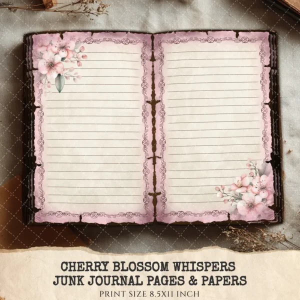 Cherry Blossom Whispers Junk Journal Pages & Papers – Sakura, Soft Spring Floral Printable, Romantic Botanical Scrapbook, Digital Download