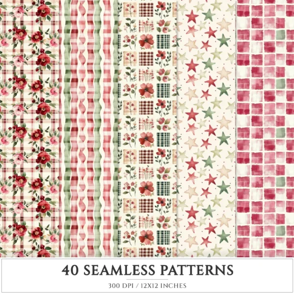 Gingham Glow Seamless Patterns, Plaid Stripes JPEG, Bows Infinite Pattern, Classic, Floral Repeating Pattern, Digital Scrapbook Paper