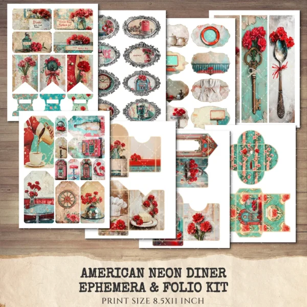 American Neon Diner Ephemera & Folio Kit – 1950s, Fast Food, Retro Restaurant Printables, Waitress Scrapbook, Tags, kits, Digital Download