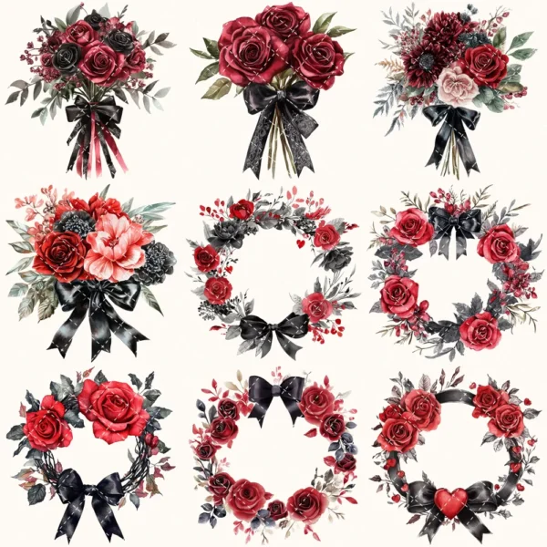 Vampire Valentine Bite Floral Arrangements, Rose Floral PNG, Rose Bouquet, Gothic Flower Art, Valentine Decor, Ornaments, Digital download