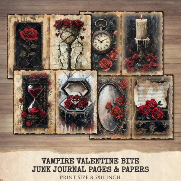 Vampire Valentine Bite Junk Journal Pages & Papers – Victorian, Dark Romance Printable, Gothic Haunted Scrapbook, Florals, Digital Download