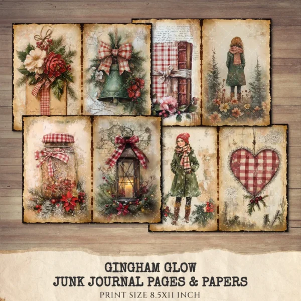 Gingham Glow Junk Journal Pages & Papers – Floral Christmas, Holiday Printable, Gingham Berries Scrapbook, Vintage, Xmas, Digital Download