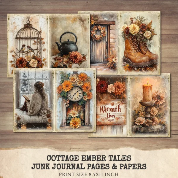 Cottage Ember Tales Junk Journal Pages & Papers – Cozy Winter Printable, Book Lover Scrapbook, Vintage, Florals,Cottagecore,Digital Download