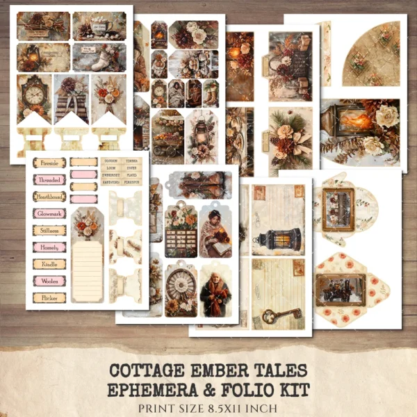 Cottage Ember Tales Ephemera & Folio Kit – Book Lover, Cozy Winter Printables, Snowfall, Vintage Art, Floral Tags, Kits, Digital Download