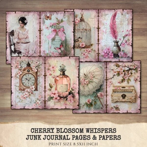 Cherry Blossom Whispers Junk Journal Pages & Papers – Sakura, Soft Spring Floral Printable, Romantic Botanical Scrapbook, Digital Download