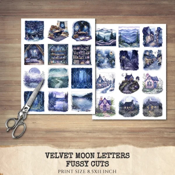 Velvet Moon Letters Clipart Set – Celestial Mystical Illustrations, Floral Moon Graphics, Ethereal Women, Moonlight PNG, Digital download