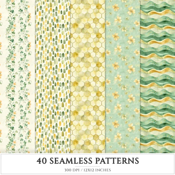 Shamrock Story Seamless Patterns, St Patricks Day JPEG, Clover infinite pattern, Polka, Shamrock repeating pattern, Digital scrapbook paper