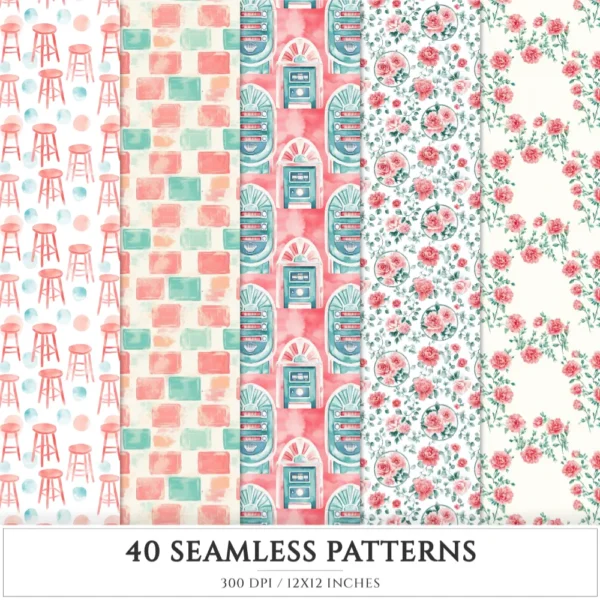 American Neon Diner Seamless Patterns, 50's Diner JPEG, Jukebox Infinite Pattern, Nostalgic Dining Repeating Pattern, Digital Scrapbook Paper