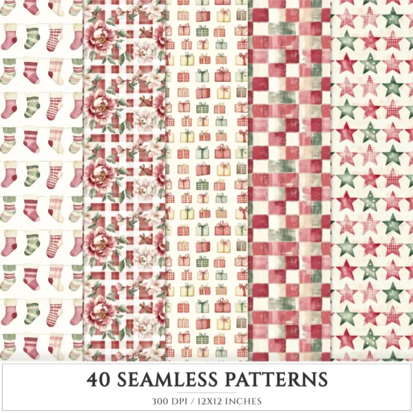 Gingham Glow Seamless Patterns, Plaid Stripes JPEG, Bows Infinite Pattern, Classic, Floral Repeating Pattern, Digital Scrapbook Paper