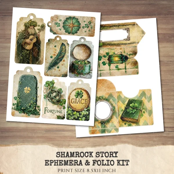 Shamrock Story Ephemera & Folio Kit – St Patricks Day Printables, Springtime, Irish, Leprechaun Art, Lucky Day Tags, Kits, Digital Download