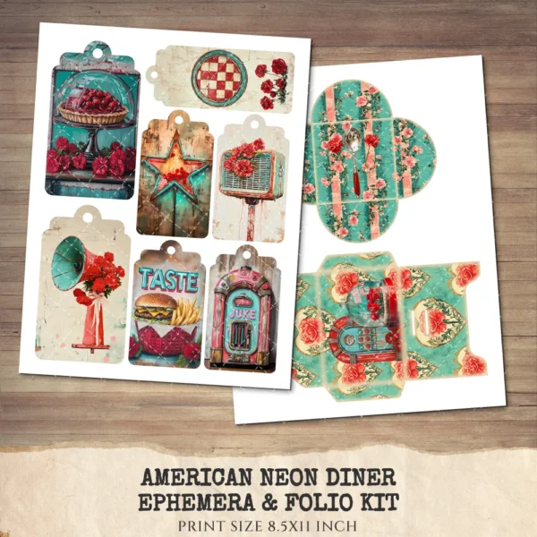 American Neon Diner Ephemera & Folio Kit – 1950s, Fast Food, Retro Restaurant Printables, Waitress Scrapbook, Tags, kits, Digital Download