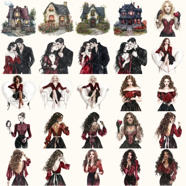 Vampire Valentine Bite Clipart Set – Dark Romance Illustrations, Gothic Haunted Graphics, Victorian, Florals, Academia PNG, Digital download
