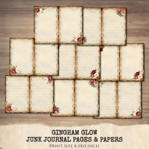Gingham Glow Junk Journal Pages & Papers – Floral Christmas, Holiday Printable, Gingham Berries Scrapbook, Vintage, Xmas, Digital Download