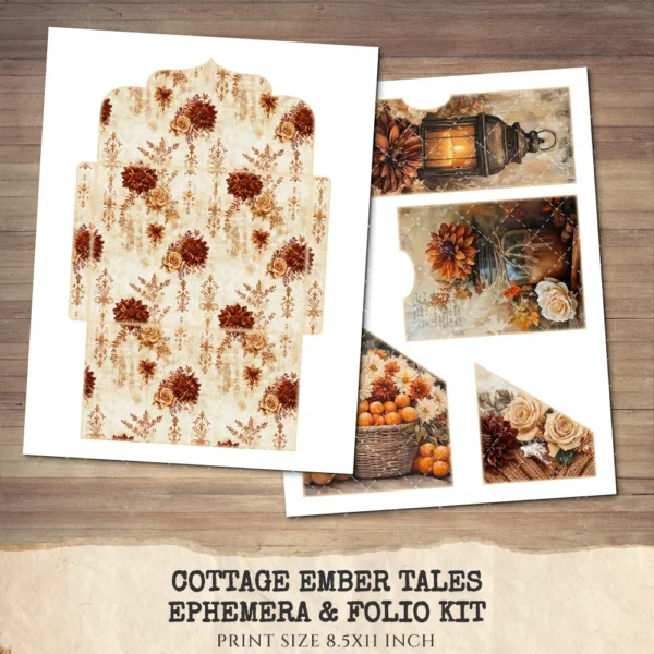 Cottage Ember Tales Ephemera & Folio Kit – Book Lover, Cozy Winter Printables, Snowfall, Vintage Art, Floral Tags, Kits, Digital Download