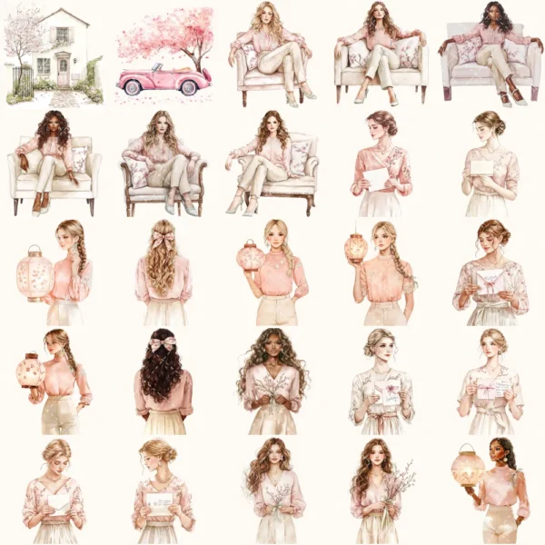 Cherry Blossom Whispers Clipart Set – Japanese Sakura Illustrations, Springtime Graphics, Pink Floral, Floral Women, Digital download