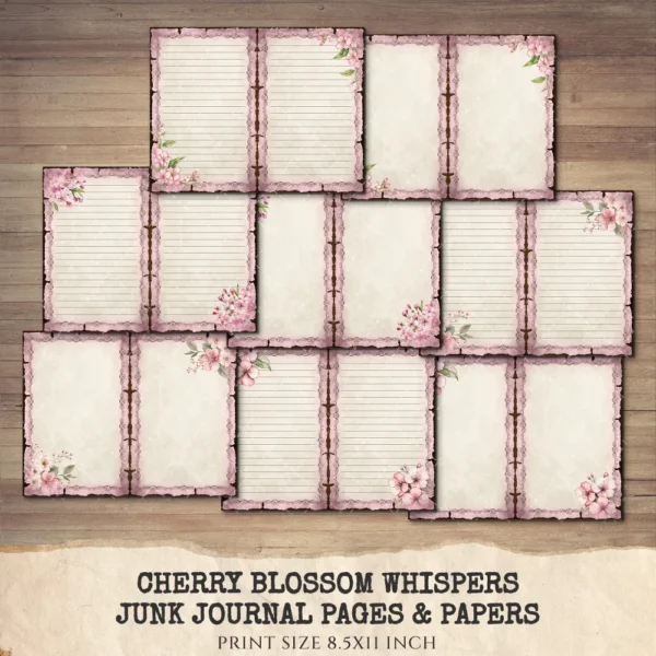 Cherry Blossom Whispers Junk Journal Pages & Papers – Sakura, Soft Spring Floral Printable, Romantic Botanical Scrapbook, Digital Download