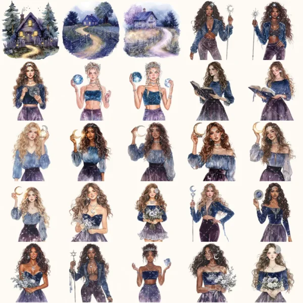 Velvet Moon Letters Clipart Set – Celestial Mystical Illustrations, Floral Moon Graphics, Ethereal Women, Moonlight PNG, Digital download