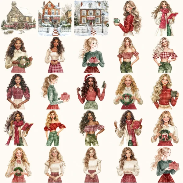 Gingham Glow Clipart Set – Plaid Holiday Illustrations, Festive Floral Graphics, Cozy Winter Christmas, Santa PNG, Digital download