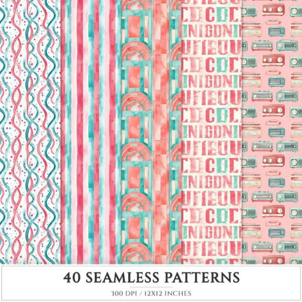 American Neon Diner Seamless Patterns, 50's Diner JPEG, Jukebox Infinite Pattern, Nostalgic Dining Repeating Pattern, Digital Scrapbook Paper