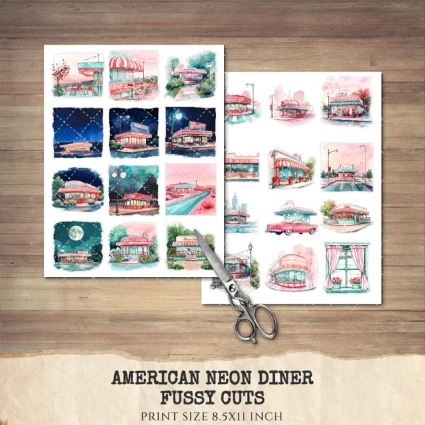 American Neon Diner Clipart Set – 50's Diner Illustrations, Nostalgic Dining Graphics, Retro Aesthetic, Vintage Restaurant, Digital download