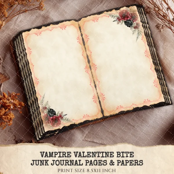 Vampire Valentine Bite Junk Journal Pages & Papers – Victorian, Dark Romance Printable, Gothic Haunted Scrapbook, Florals, Digital Download