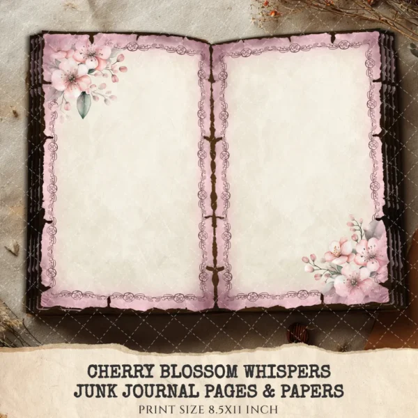Cherry Blossom Whispers Junk Journal Pages & Papers – Sakura, Soft Spring Floral Printable, Romantic Botanical Scrapbook, Digital Download